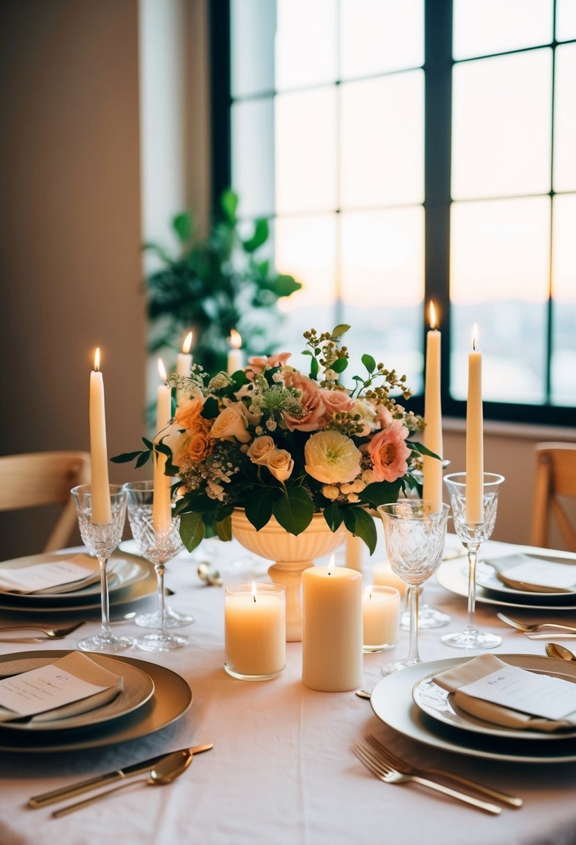 A beautifully set table with elegant dinnerware, candles, and a centerpiece of fresh flowers