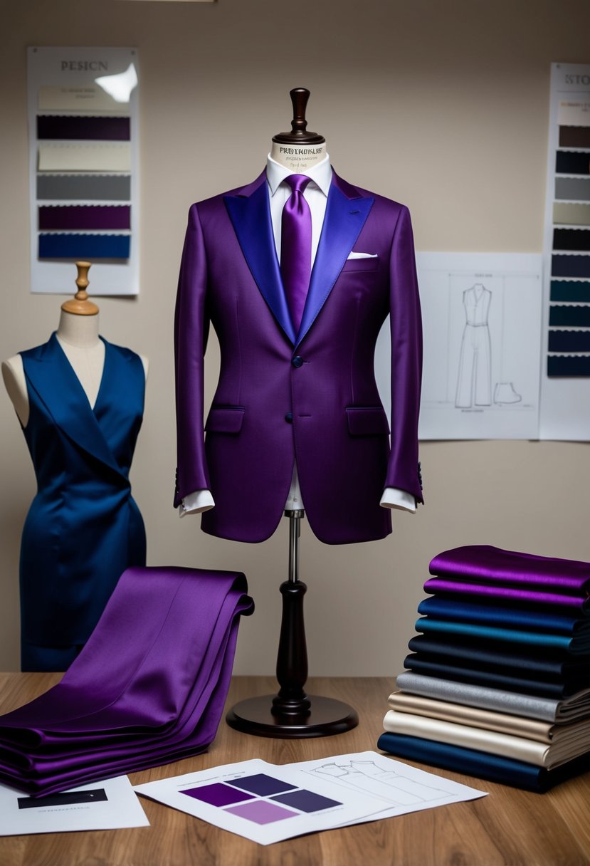 A regal purple suit displayed on a tailor's mannequin, surrounded by swatches of coordinating fabrics and design sketches