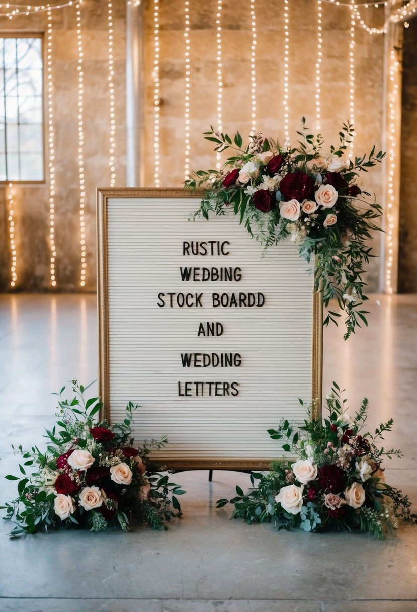 A rustic wedding letter board surrounded by floral arrangements and twinkling lights