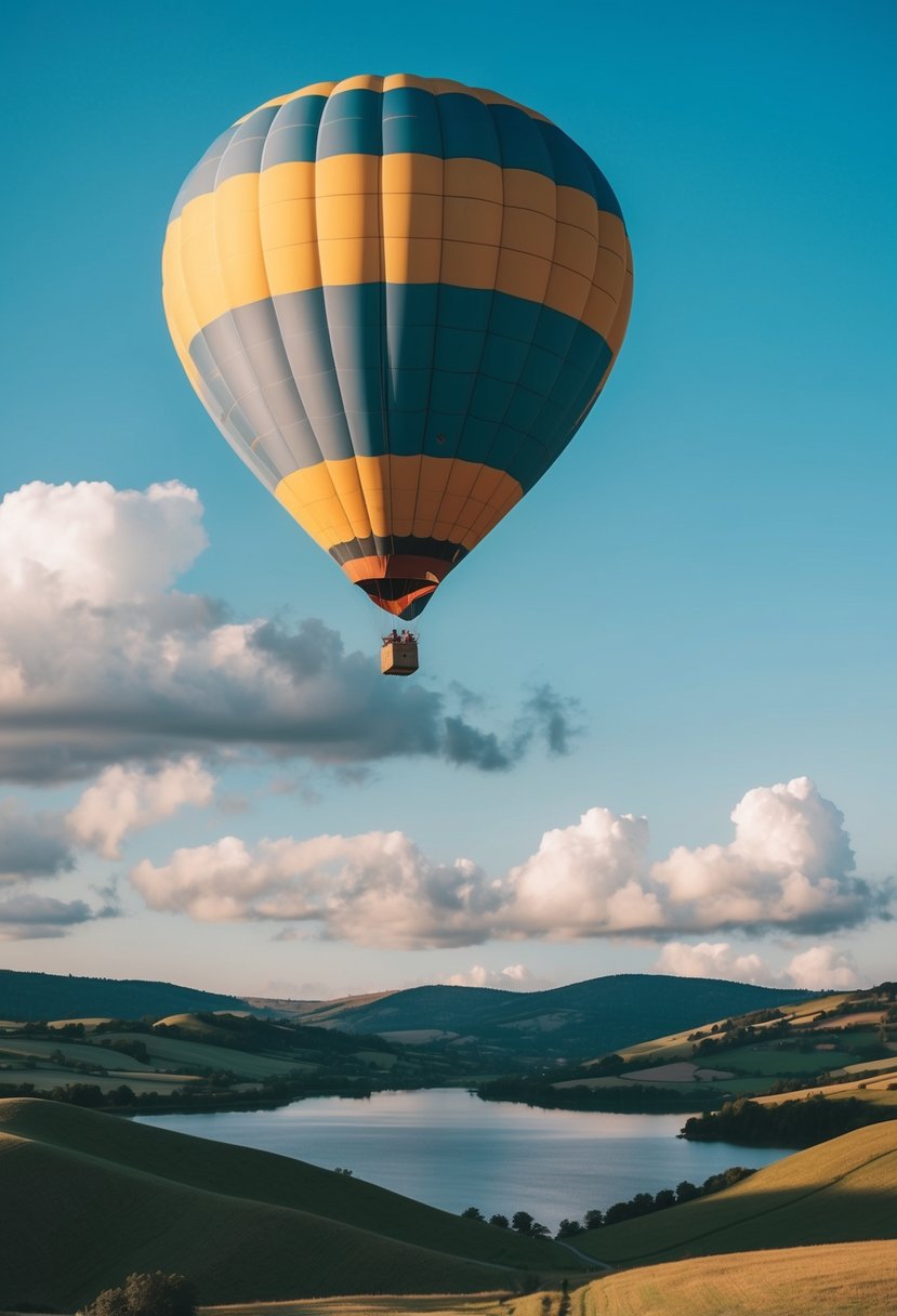 A colorful hot air balloon floats above rolling hills and a serene lake, with a clear blue sky and fluffy white clouds in the background