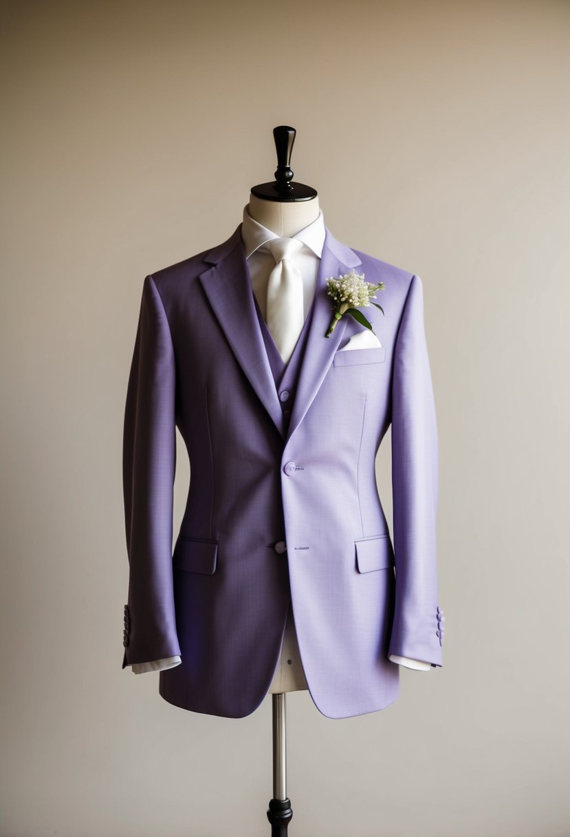 A classic lilac groom's suit displayed on a mannequin against a neutral background