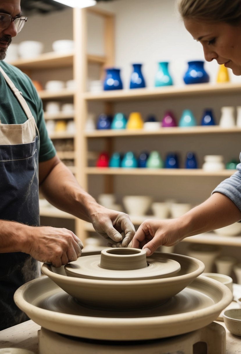 A pottery wheel spins as clay is shaped by skilled hands in a well-lit art studio. Shelves are lined with colorful glazes and finished pieces