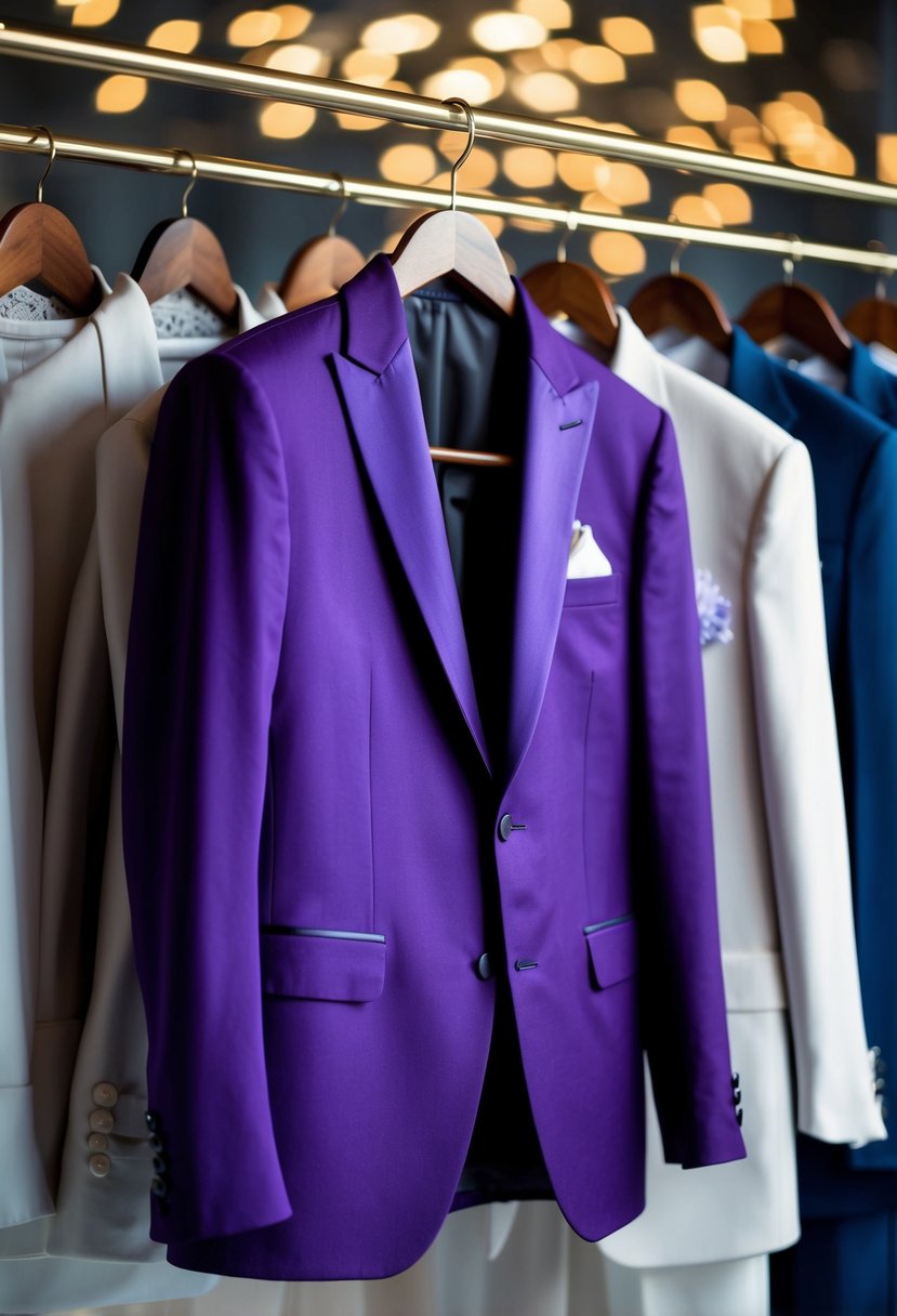 A stylish purple blazer hangs on a sleek wooden hanger, surrounded by other trendy wedding suit options