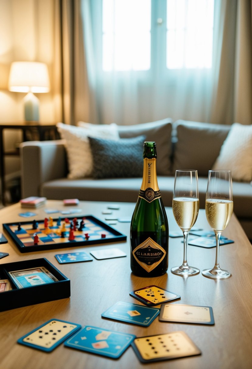 A cozy living room with a table set for two, board games and cards scattered about, soft lighting, and a bottle of champagne on ice