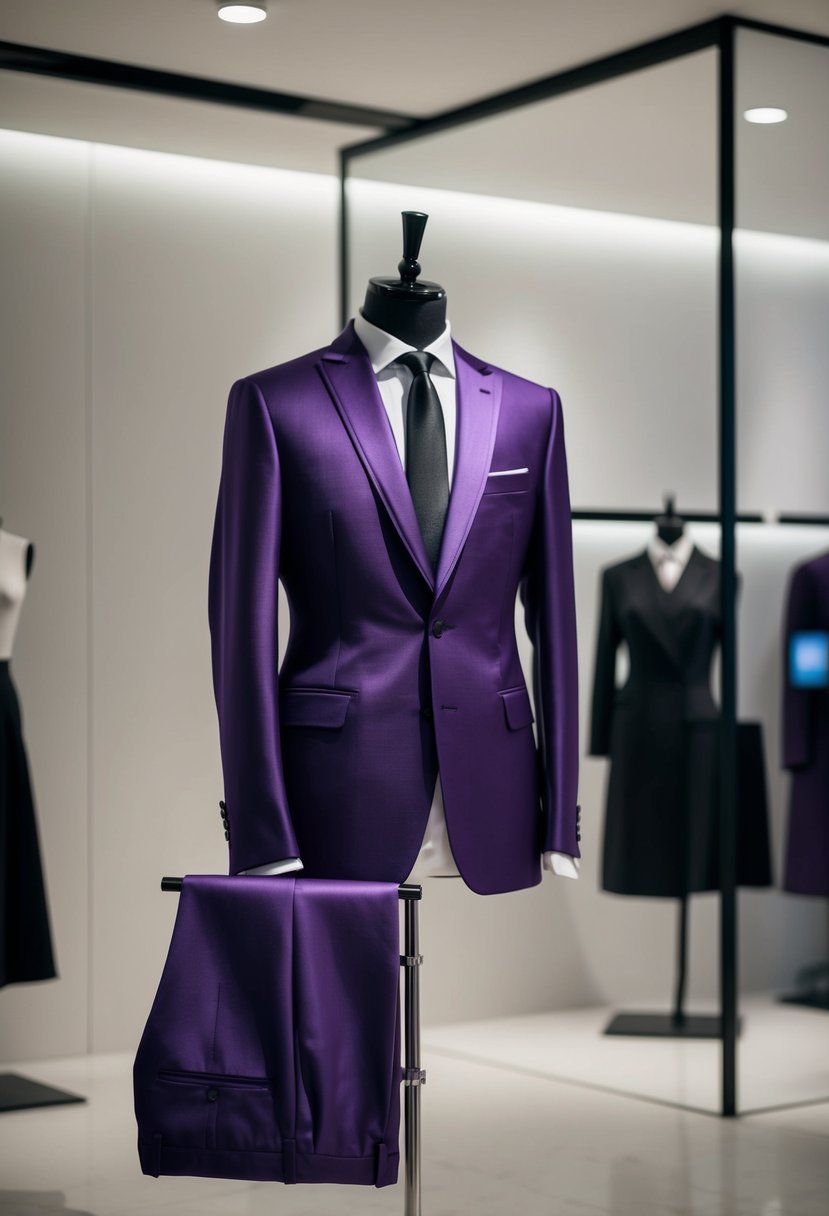 A sleek, tailored purple suit paired with black accessories on a mannequin in a modern, minimalist showroom