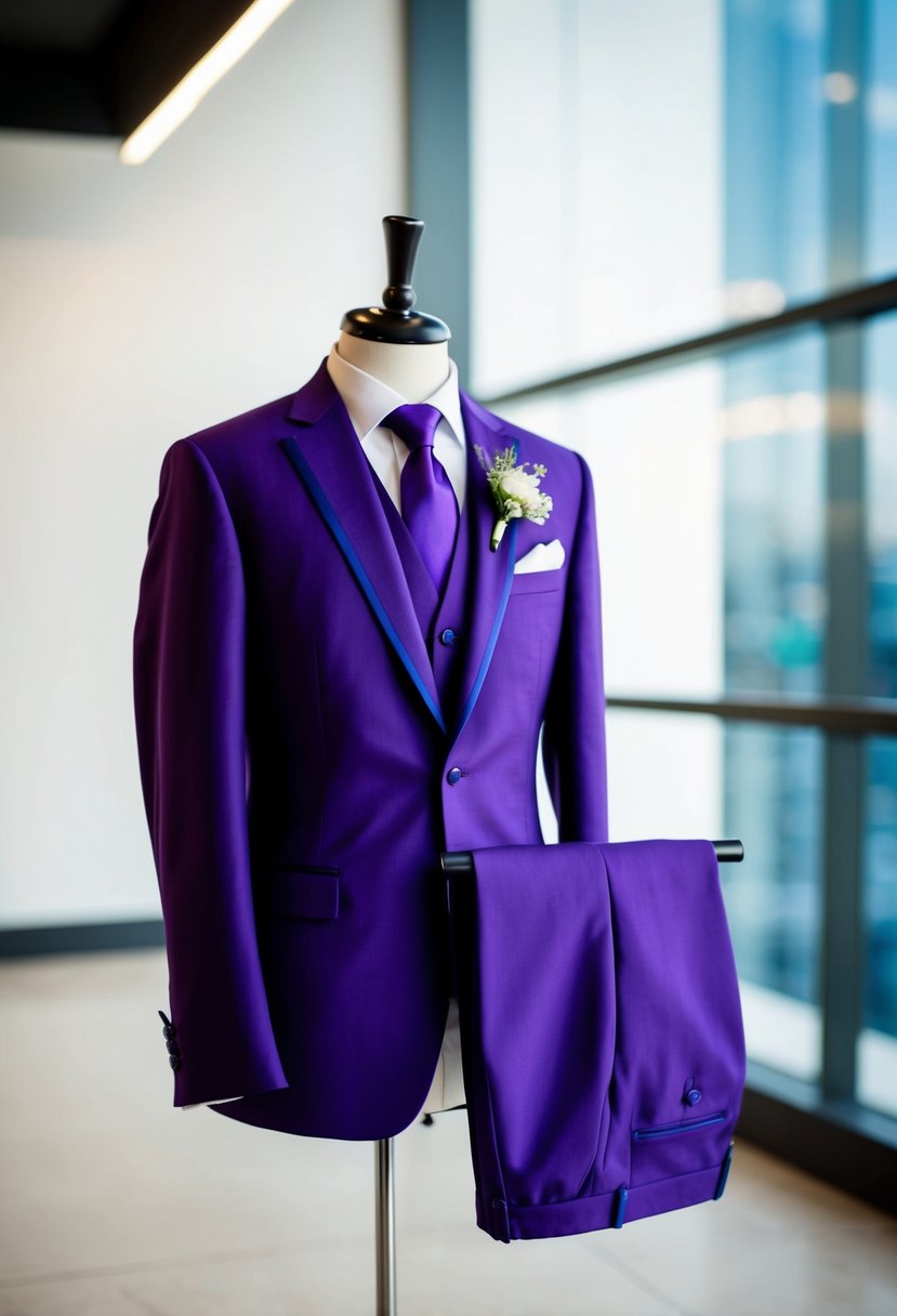 A sleek purple wedding suit with coordinating accessories displayed on a clean, modern background