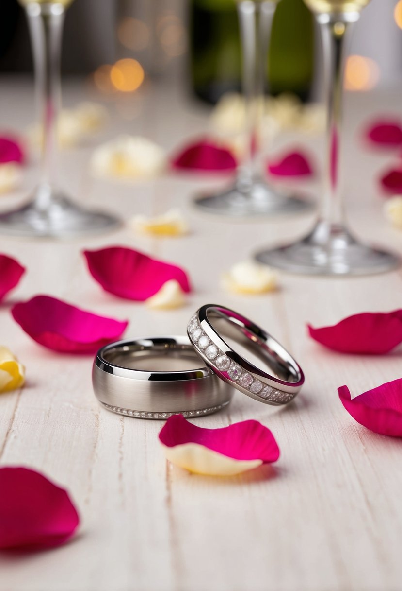 A pair of wedding rings tangled in a playful embrace among scattered rose petals and champagne glasses