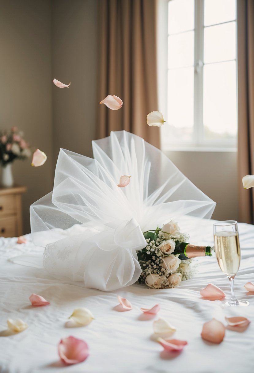 A wedding veil tangled in lingerie, scattered rose petals, and a champagne glass tipped over on a bed