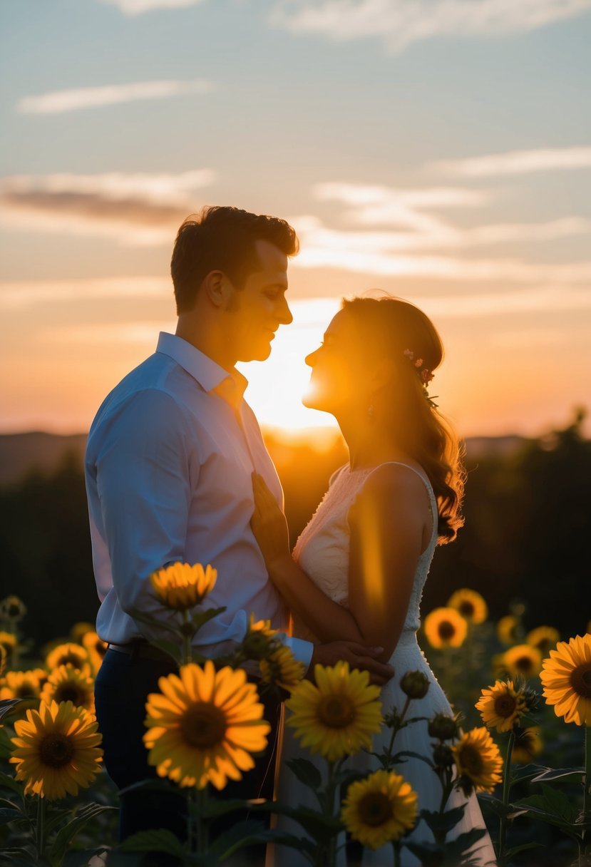 A couple's silhouette surrounded by 27 blooming flowers, with a sunset in the background