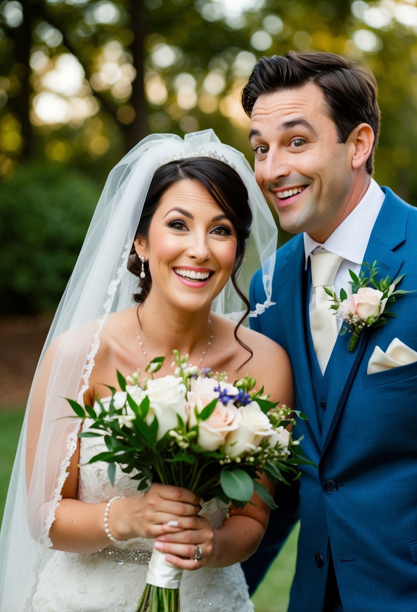 A bride playfully poses with props like a veil and bouquet, while her groom looks on with a mischievous smile