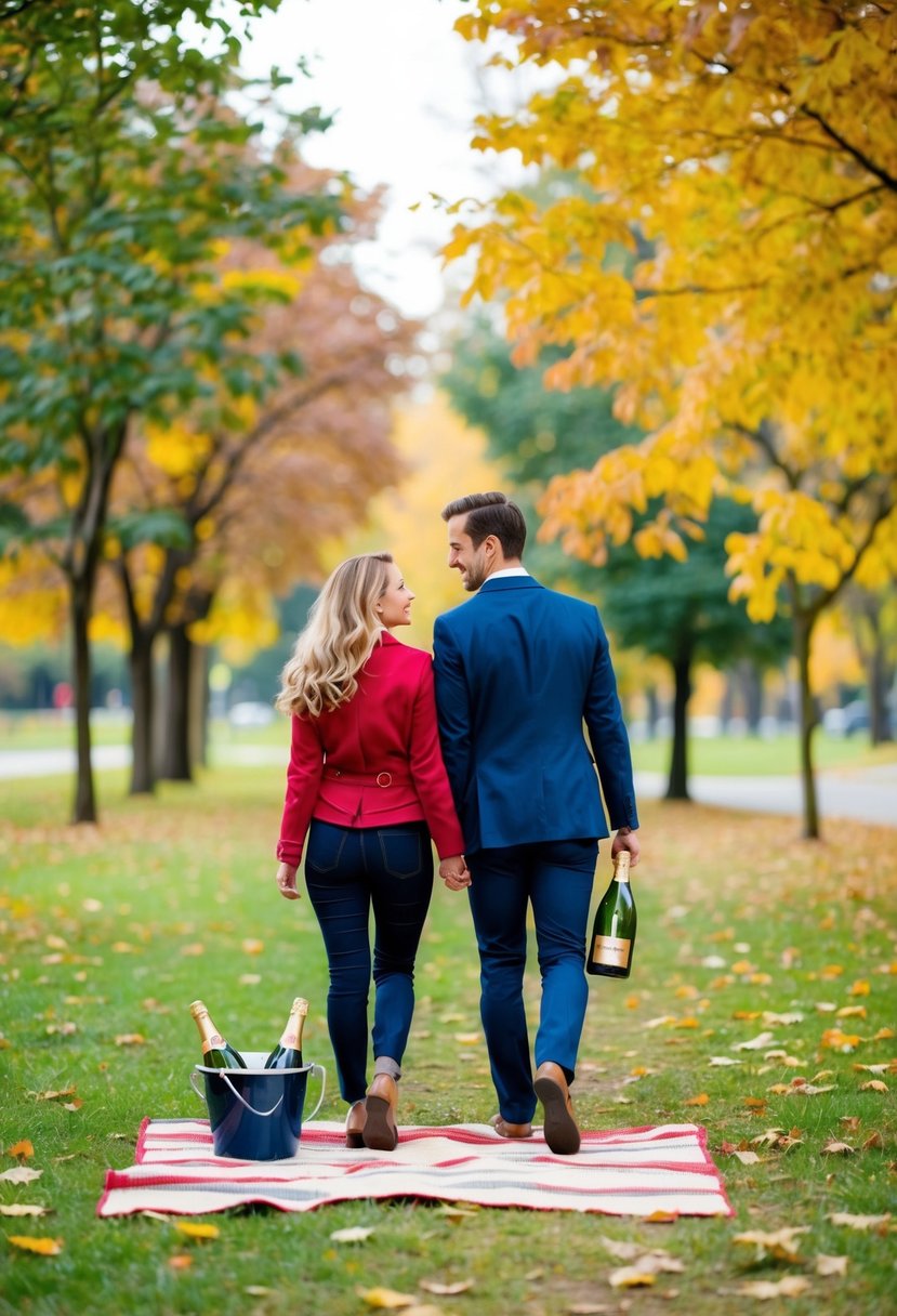 A couple strolling through a park, surrounded by colorful autumn leaves, with a picnic blanket laid out and a bottle of champagne chilling in a bucket