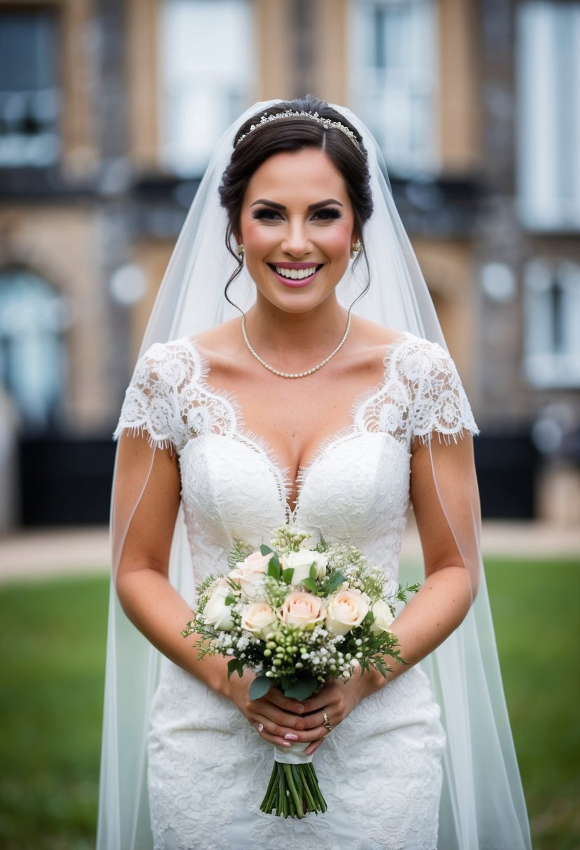 A bride in a lace wedding dress, holding a bouquet and flashing a playful, flirtatious smile