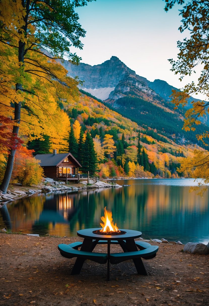 A cozy cabin nestled in the mountains, surrounded by colorful autumn foliage and a serene lake, with a picnic table set for two and a crackling fire pit