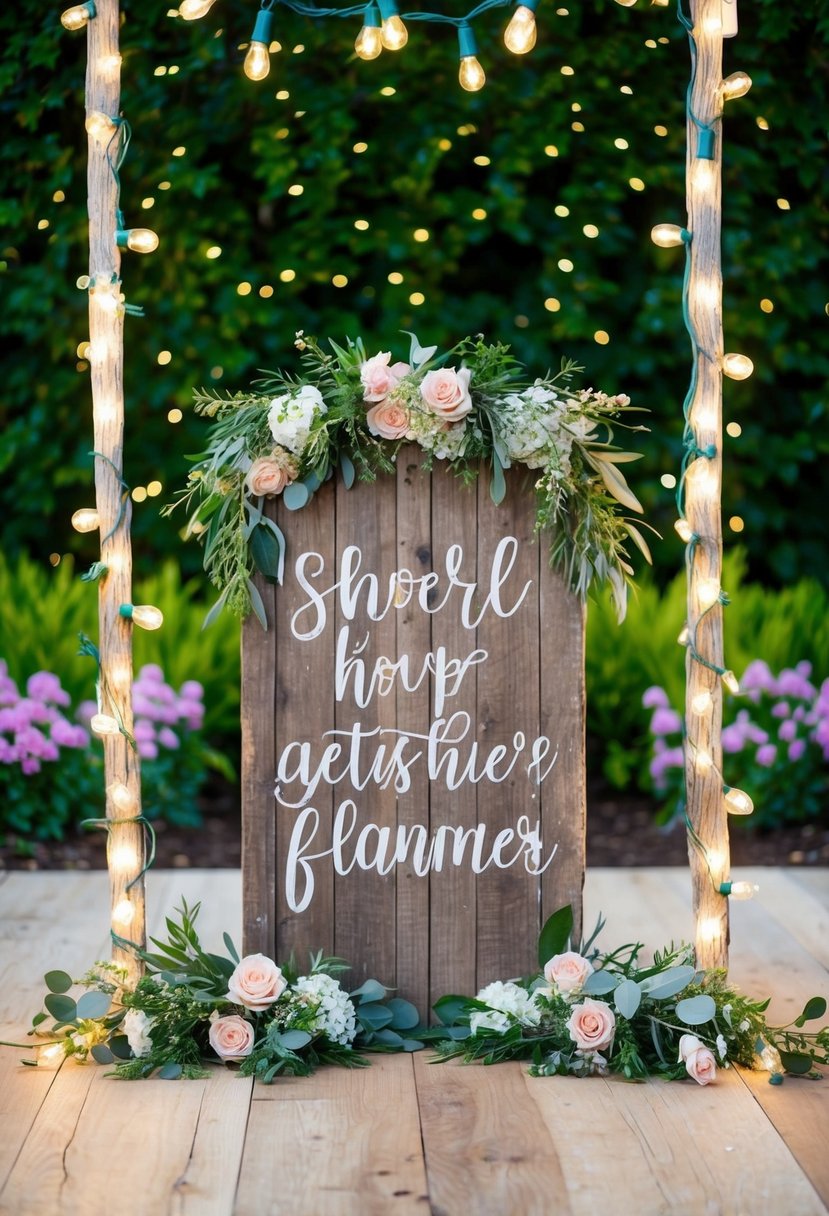 A rustic wooden sign adorned with flowers and greenery, surrounded by twinkling fairy lights and set against a backdrop of lush greenery and blooming flowers