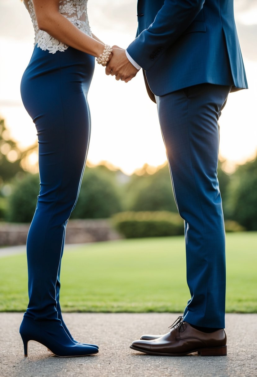 A couple's legs entwined in a playful and intimate kiss, with a wedding theme