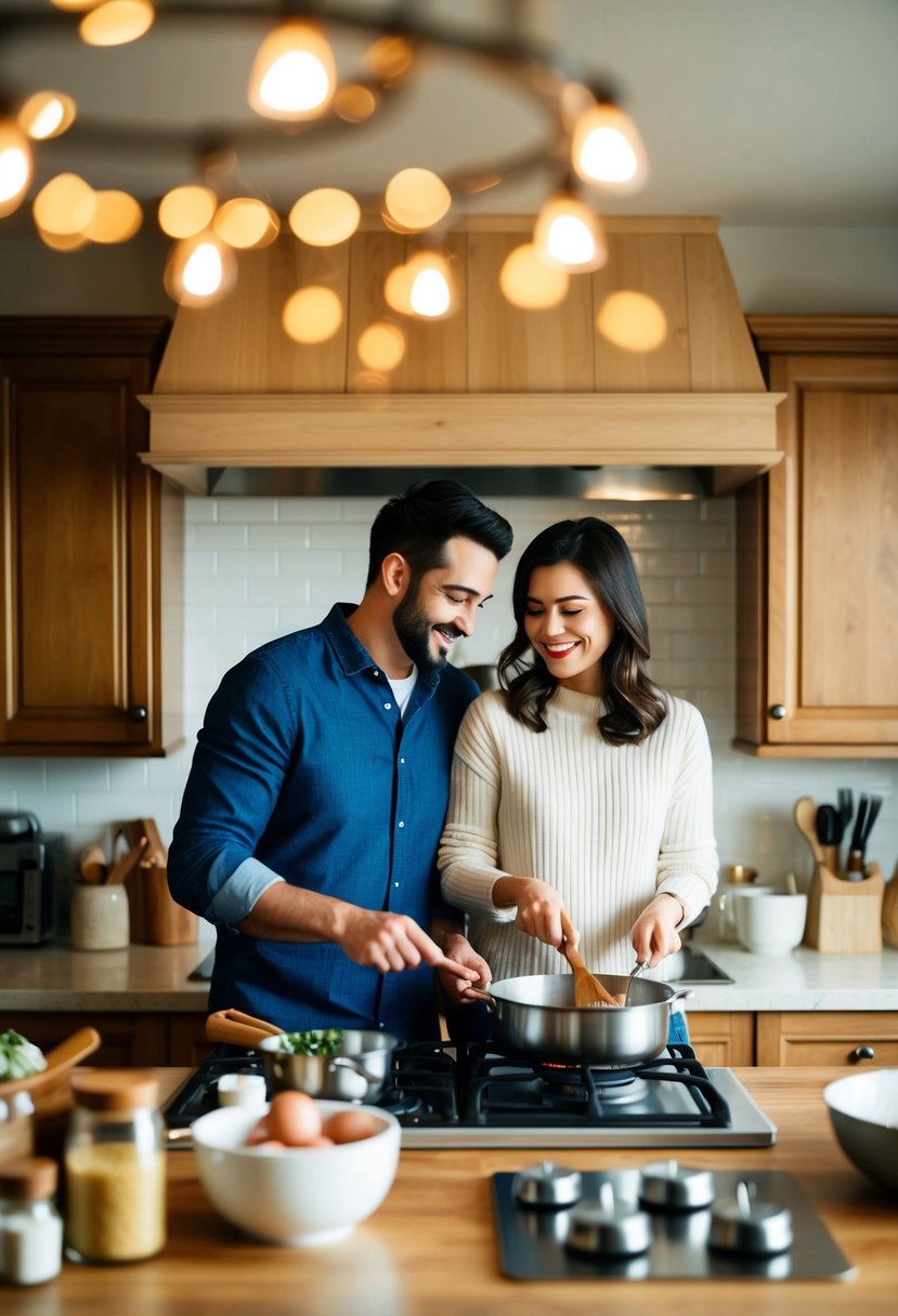 A cozy kitchen with ingredients, utensils, and a stovetop. A couple is happily cooking together, surrounded by warmth and love