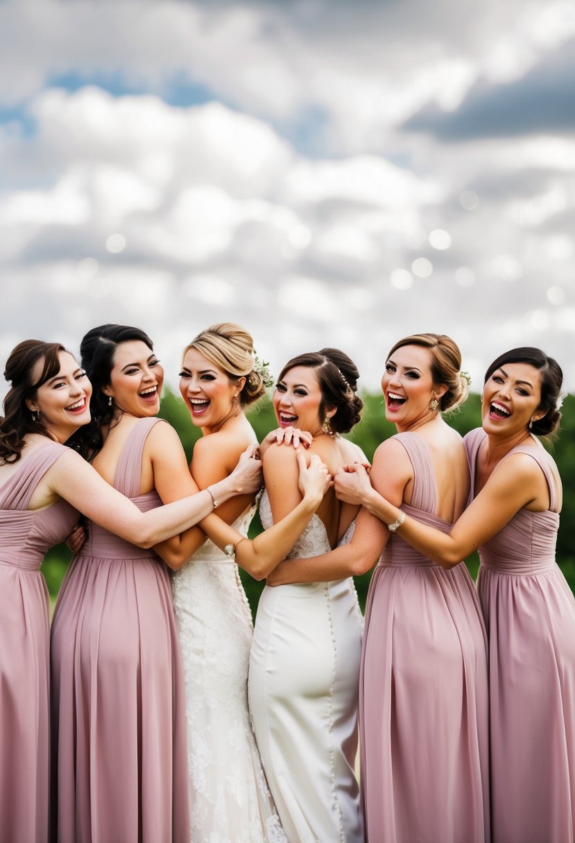 A group of bridesmaids stand together, laughing and playfully posing for a rear shot. They are holding hands and looking mischievously over their shoulders