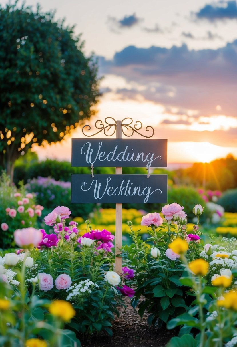 A picturesque garden with a charming wedding sign surrounded by blooming flowers and a romantic sunset in the background