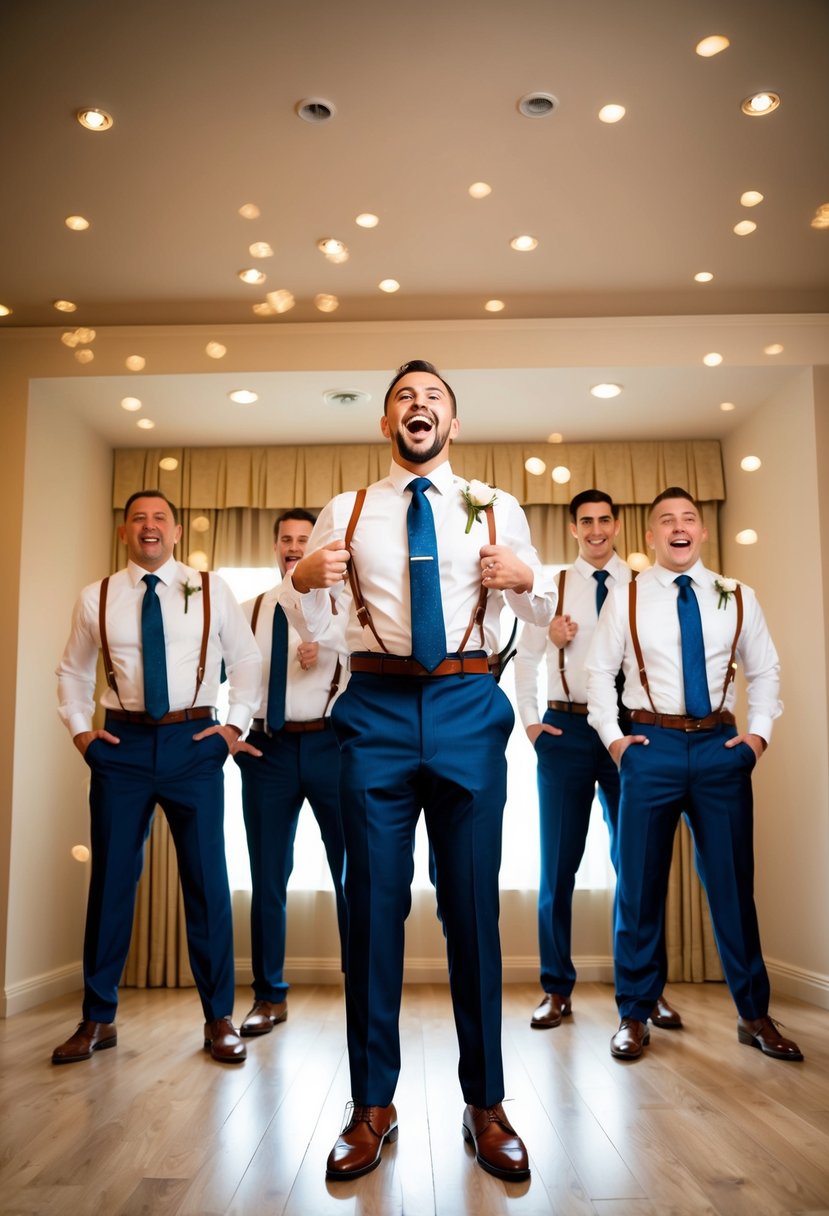 Groom and groomsmen trousers drop in a comical, lighthearted manner