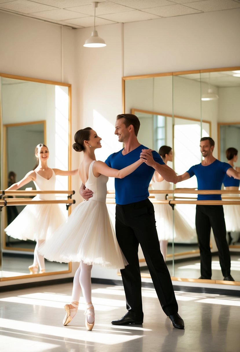 A couple gracefully waltzing in a sunlit studio, surrounded by mirrors and ballet barres, as their instructor guides them through a series of elegant dance steps