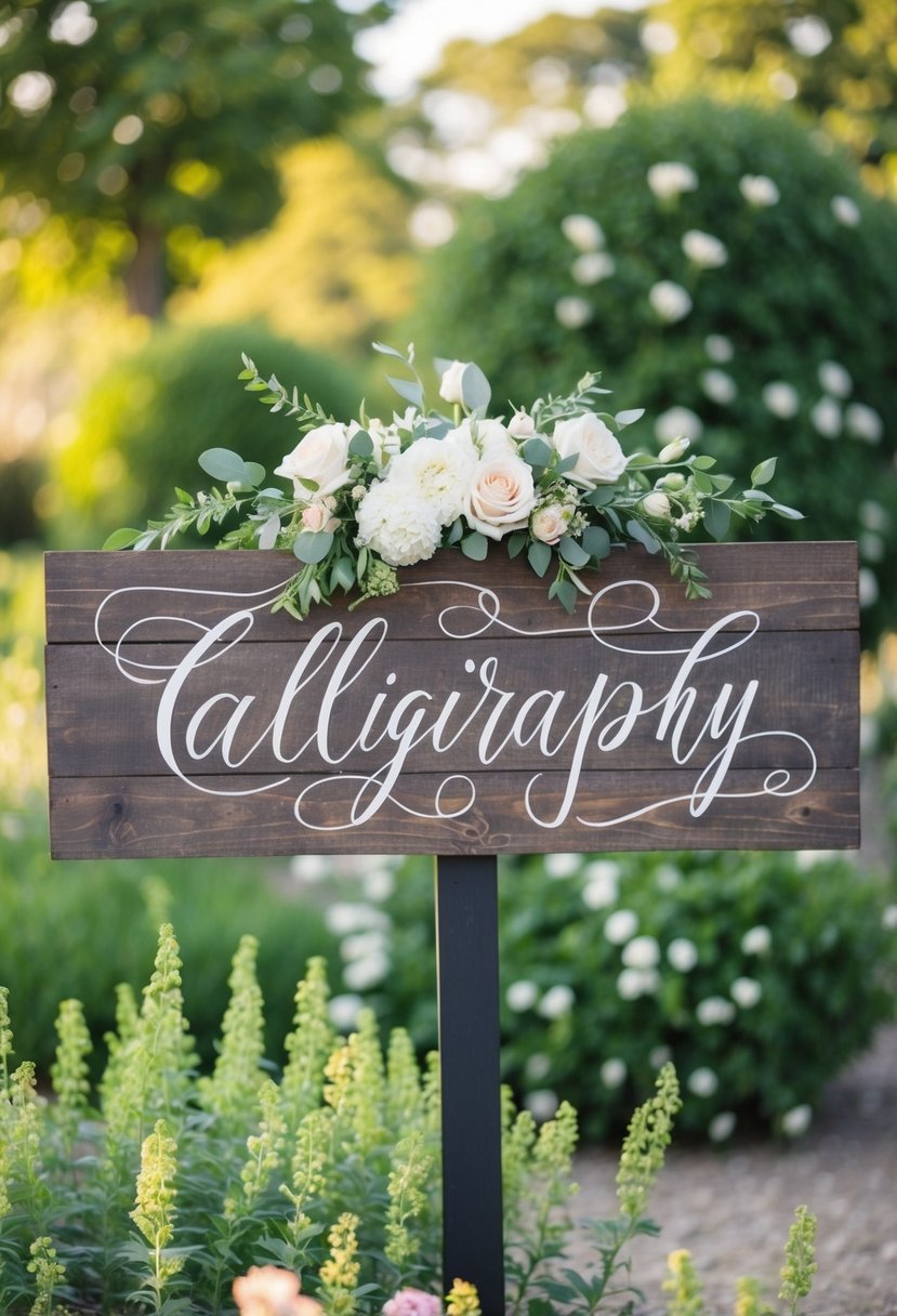 A rustic wooden sign with elegant calligraphy, surrounded by blooming flowers and greenery