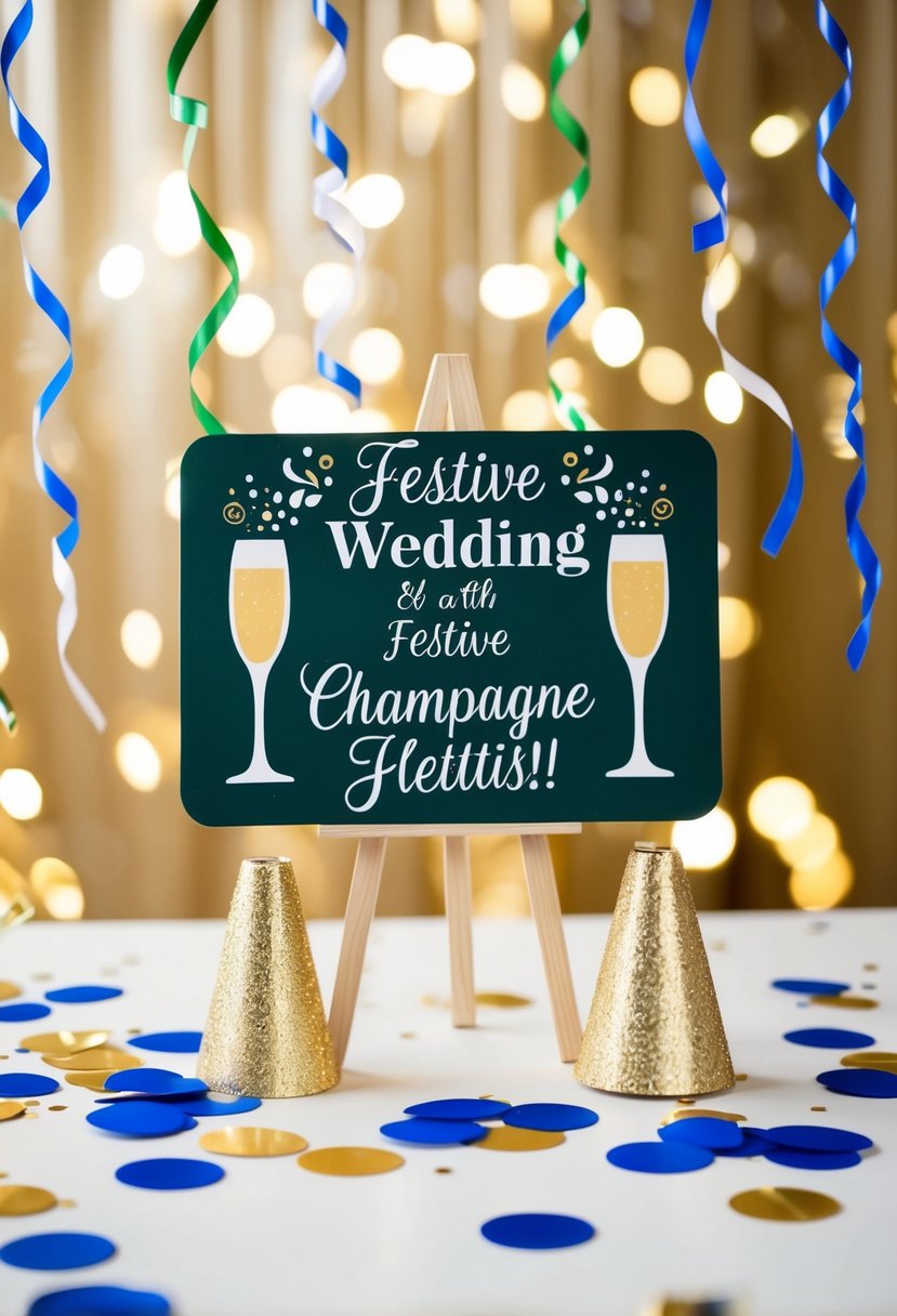 A festive wedding sign with champagne glasses, confetti, and streamers