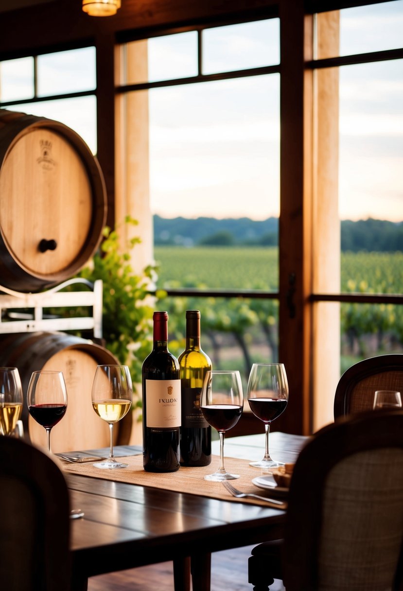 A cozy winery with barrels, wine bottles, and glasses set on a wooden table for a tasting. A romantic ambiance with soft lighting and vineyard views