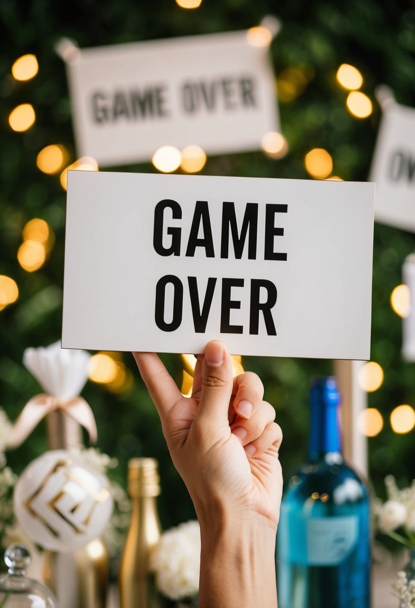 A playful 'Game Over' sign held by a mischievous hand, surrounded by wedding props and decor