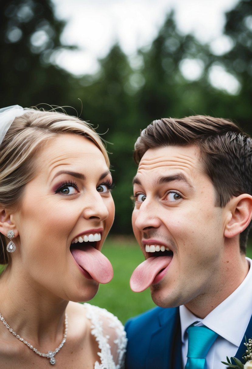 A bride and groom making silly faces at each other, sticking out their tongues and crossing their eyes, with a playful and mischievous expression