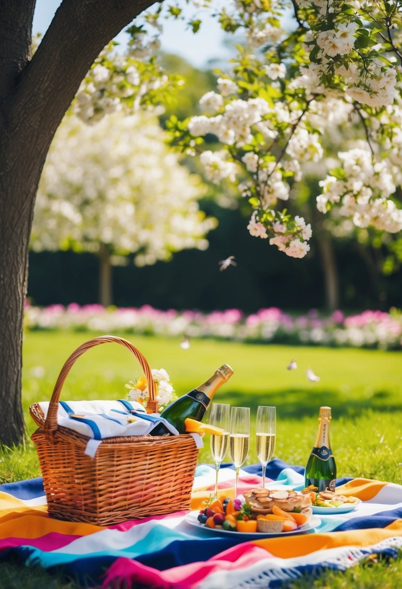 A colorful picnic blanket spread under a shady tree, surrounded by blooming flowers and chirping birds. A wicker basket filled with delicious food and a bottle of champagne on ice