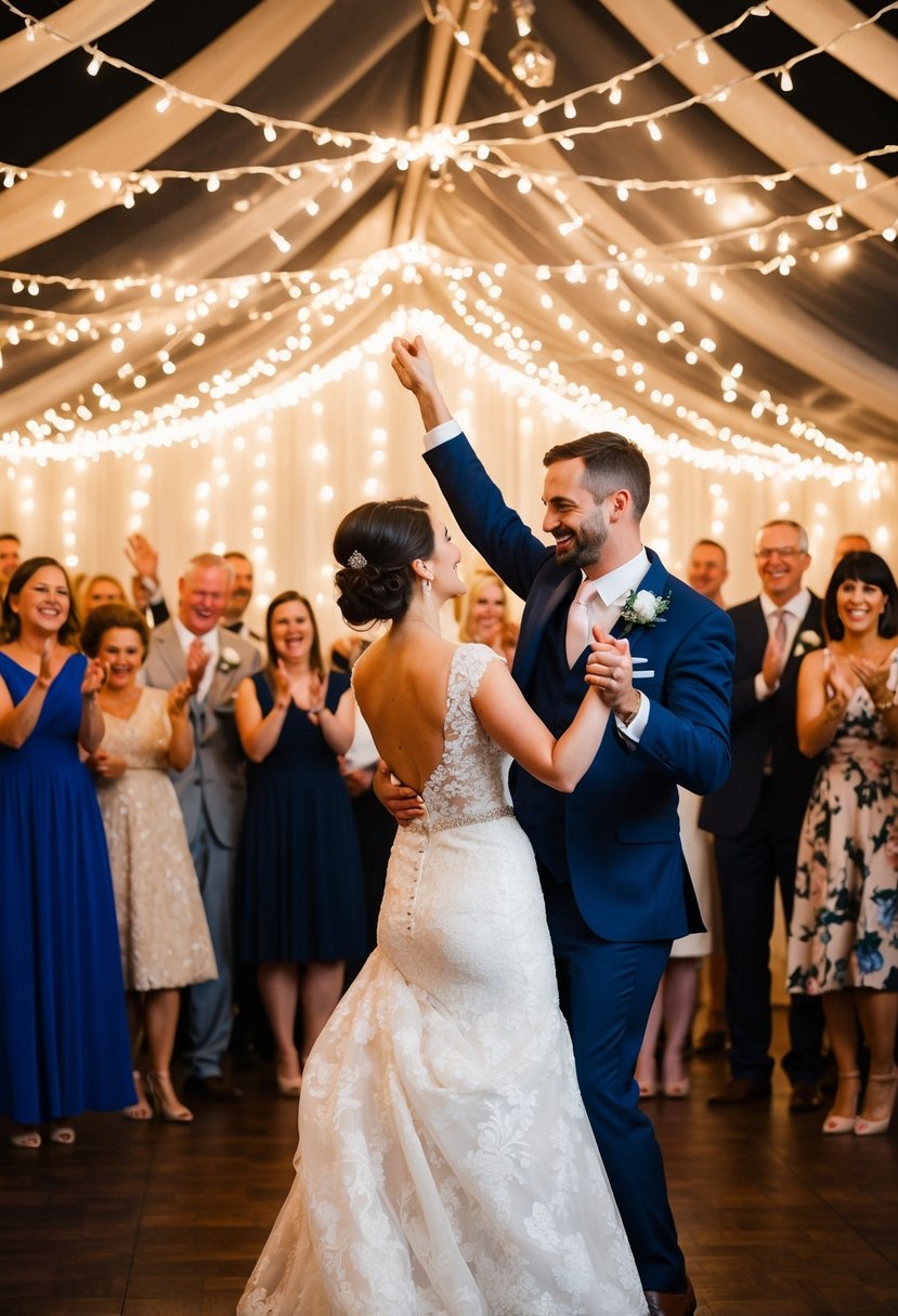 A couple dancing under twinkling lights at their wedding, surrounded by friends and family cheering and clapping