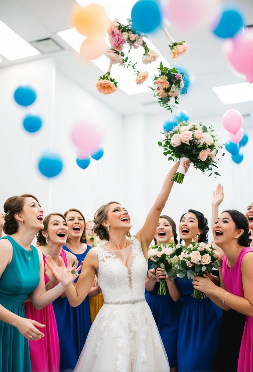 A bride tosses a bouquet towards a group of eager women, all vying to catch the flowers with excited expressions