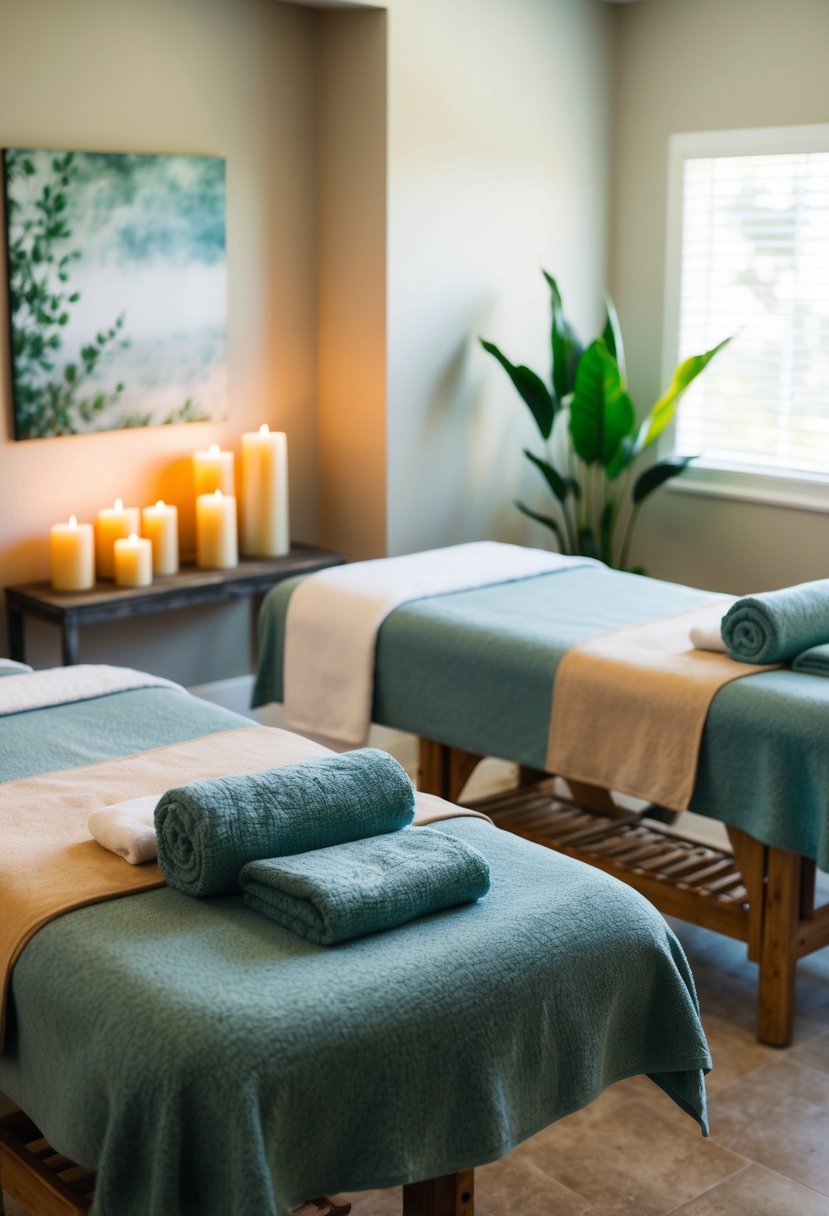 A serene spa room with two massage tables adorned with plush towels and soothing candles, surrounded by calming nature-inspired decor