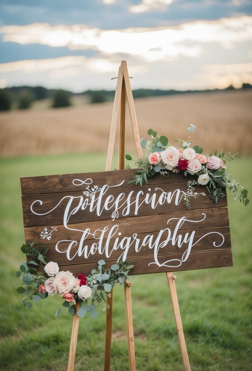 A rustic wooden sign with floral accents and elegant calligraphy