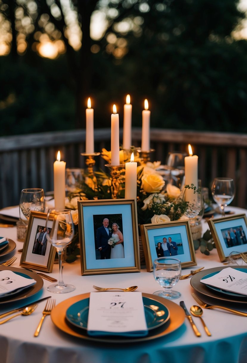 A table set with a candlelit dinner, surrounded by framed photos and mementos from 27 years of marriage