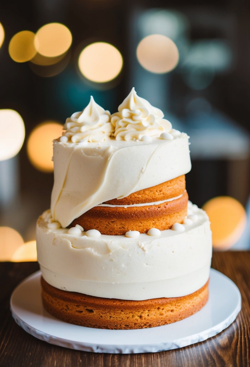 A comical wedding cake with two tiers smushed together, frosting squishing out, as if kissing