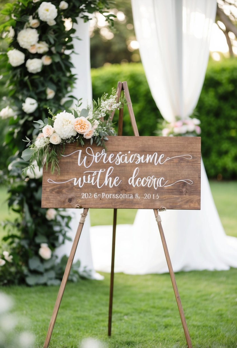 A rustic wooden sign with floral accents, positioned against a backdrop of lush greenery and elegant wedding decor