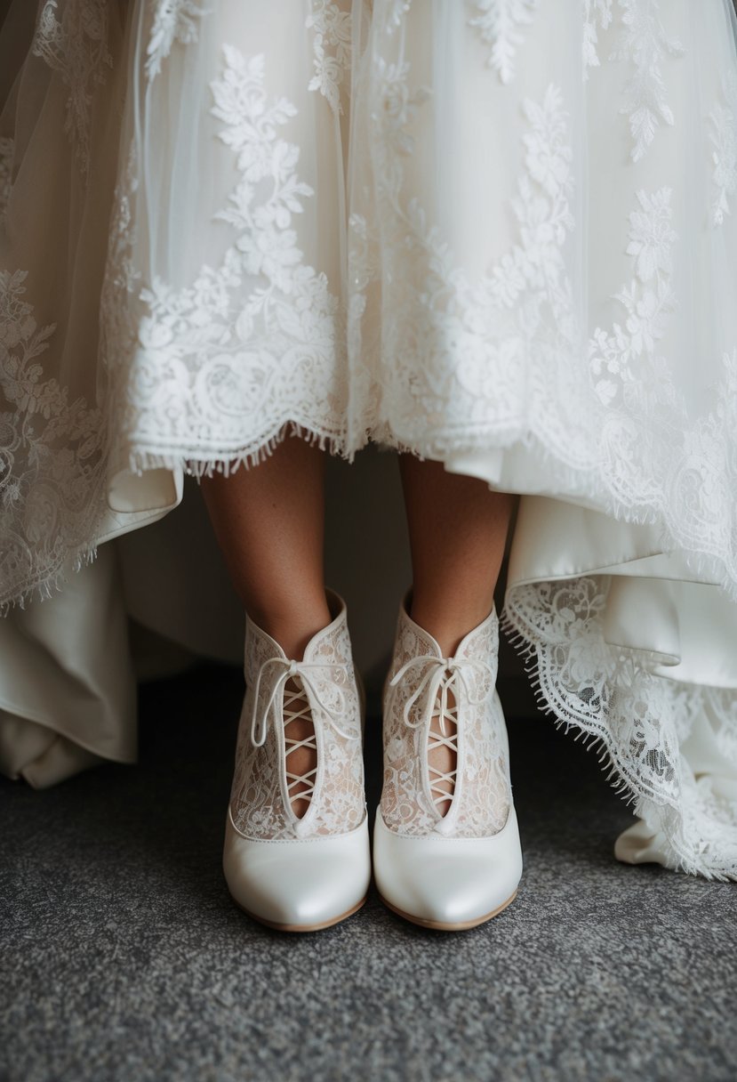 A pair of wedding shoes peek out from under a lacy bridal gown, hinting at a playful and suggestive photo idea