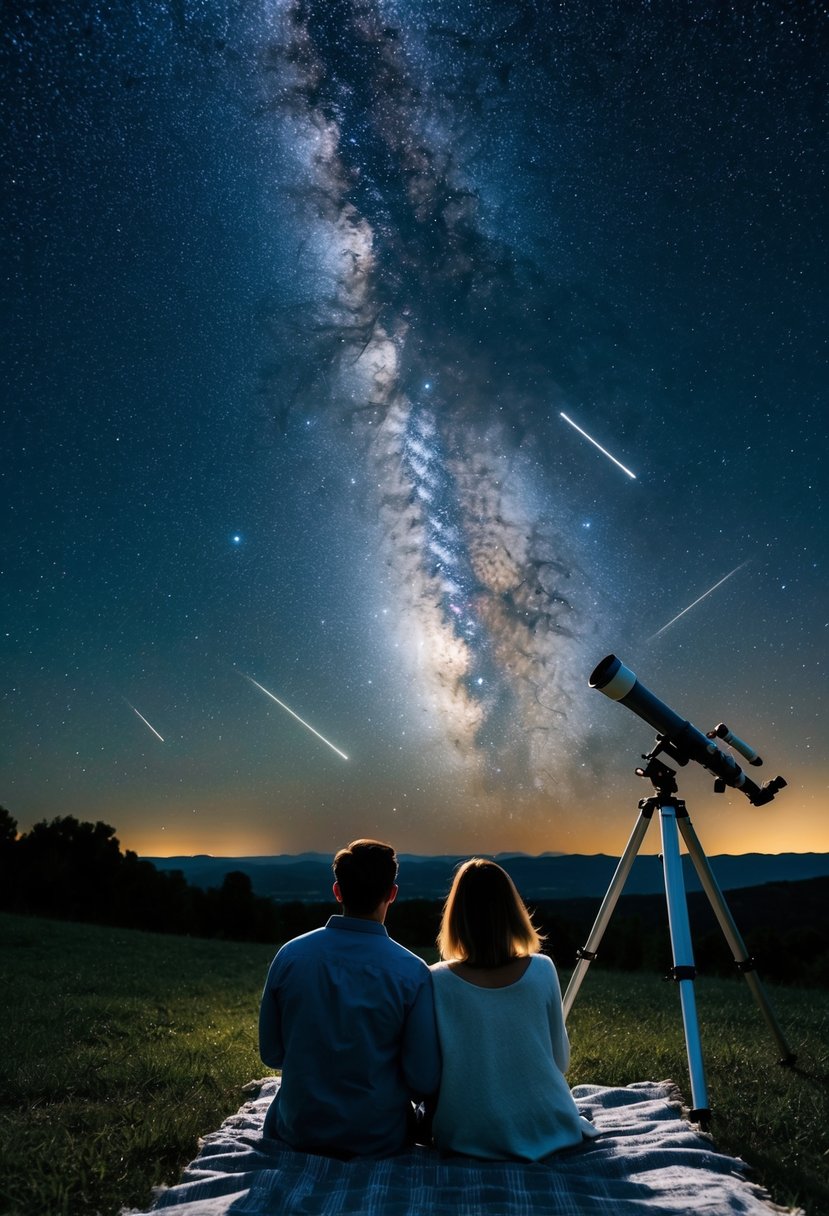 A couple sits on a blanket under a starry sky, a telescope beside them. The Milky Way is visible overhead, with shooting stars streaking across the darkness