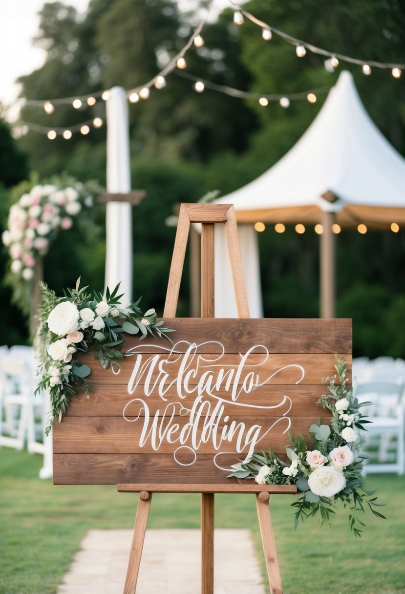 A rustic wooden sign with floral decorations and elegant calligraphy, set against a backdrop of a picturesque outdoor wedding venue