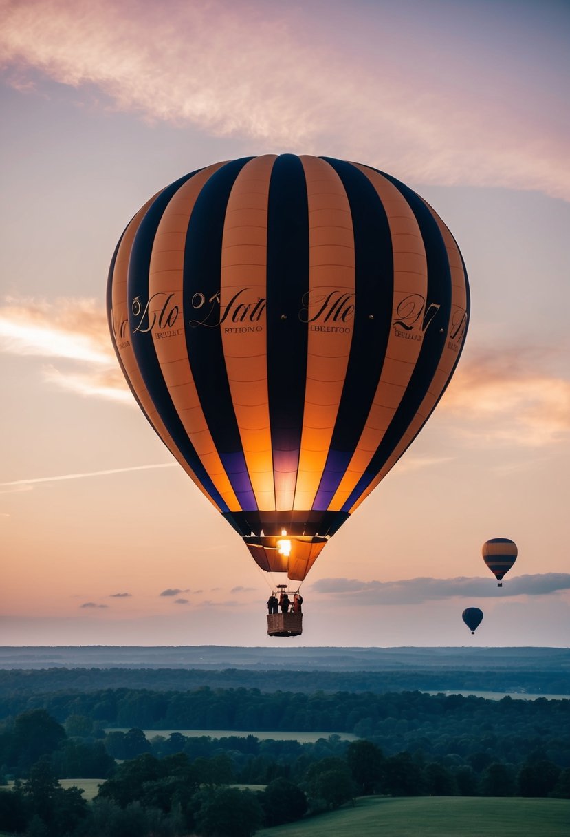 A hot air balloon floats over a scenic landscape at sunset, with a couple inside celebrating their 27th wedding anniversary