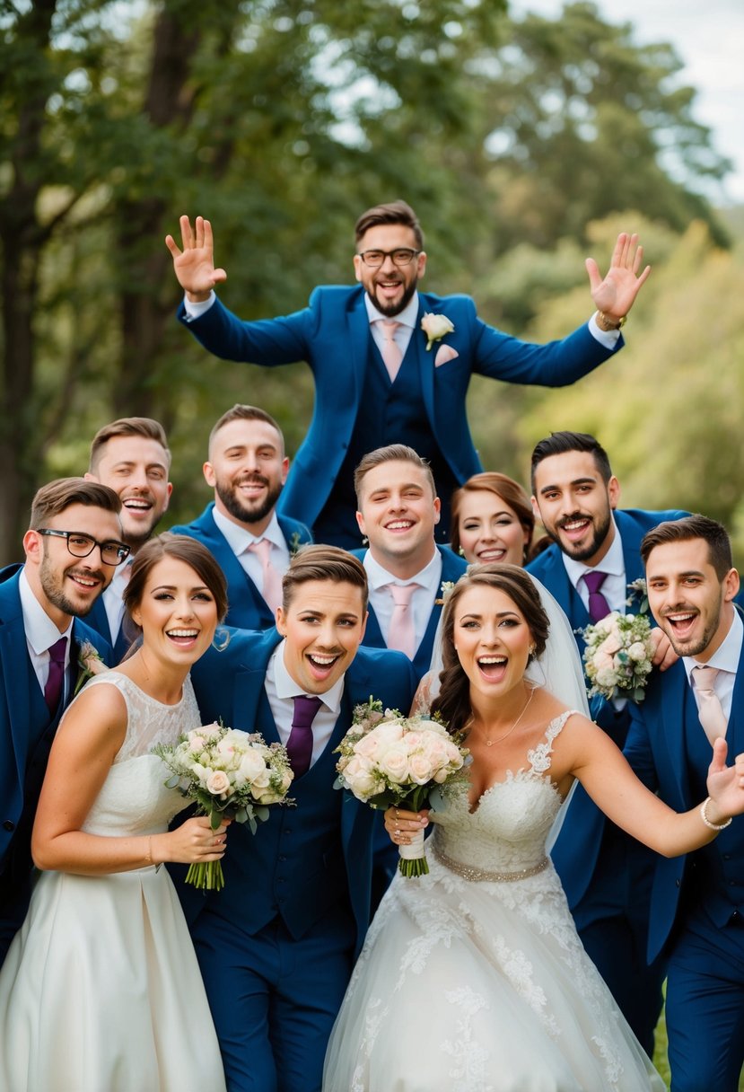 A group of friends posing for a wedding photo, when suddenly one friend pops up from behind, playfully photobombing the shot