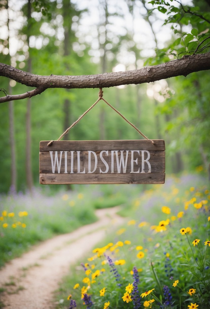 A rustic wooden sign hanging from a tree branch, surrounded by wildflowers and a winding path leading into the forest