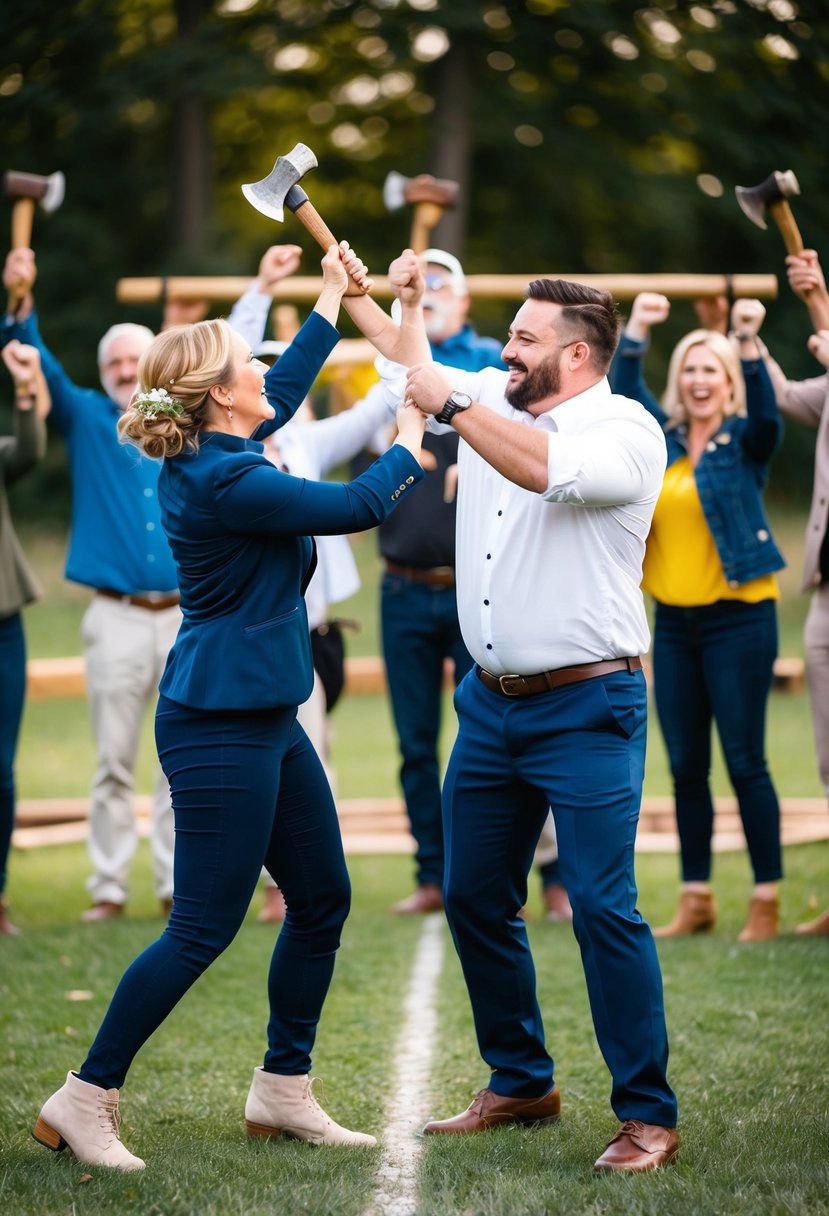 A couple celebrates their 27th wedding anniversary by trying ax throwing for the first time, surrounded by cheering friends and family