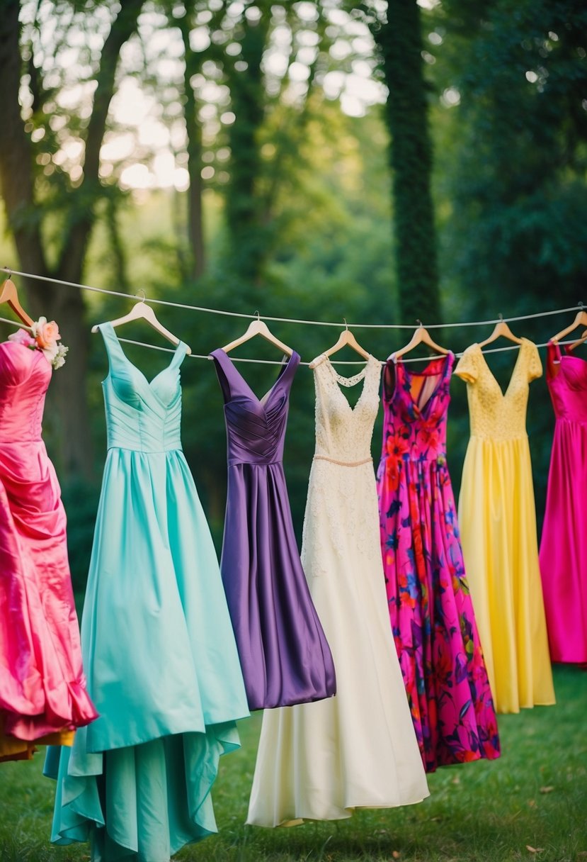 A group of mismatched, tacky bridesmaid dresses hanging on a clothesline in a whimsical outdoor setting