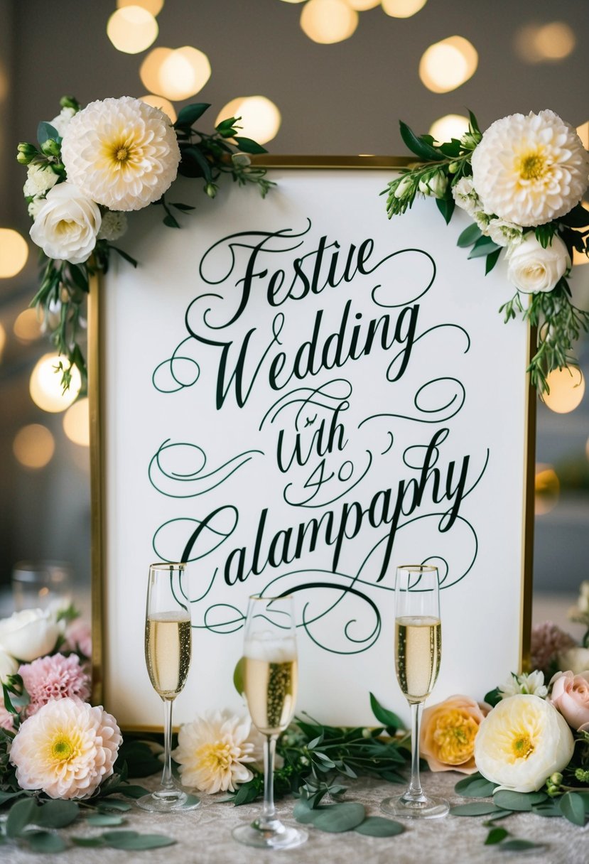 A festive wedding sign with elegant calligraphy, surrounded by blooming flowers and glasses of champagne