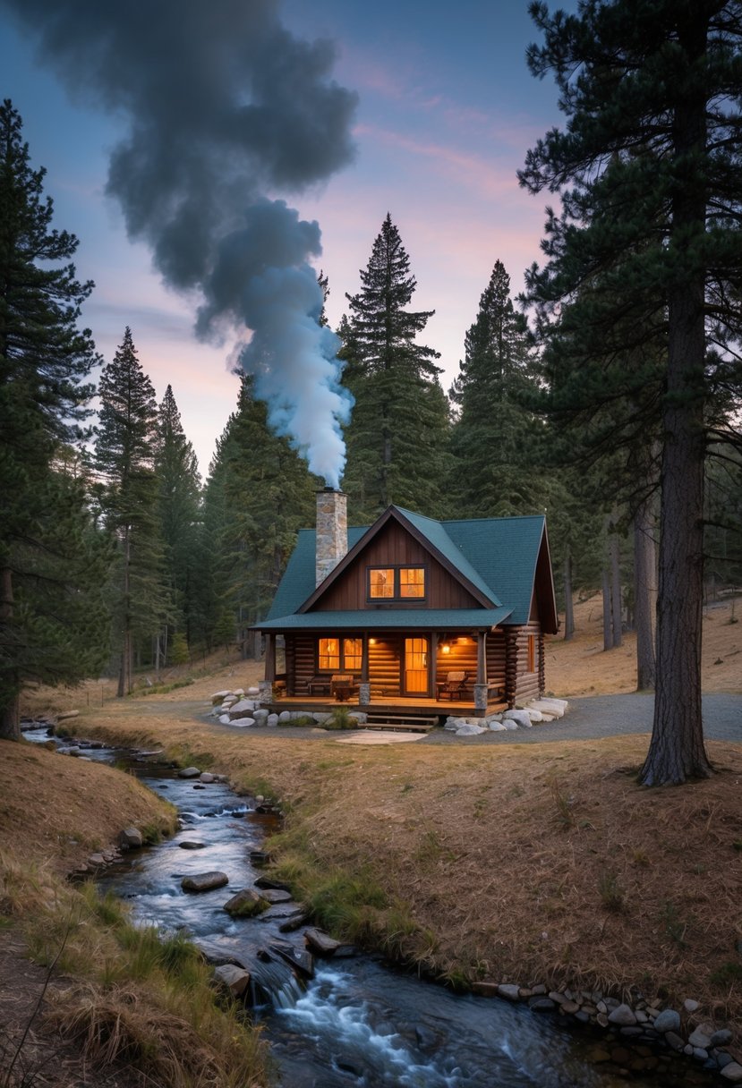 A cozy cabin nestled in a forest clearing, smoke curling from the chimney, surrounded by tall pine trees and a bubbling stream nearby