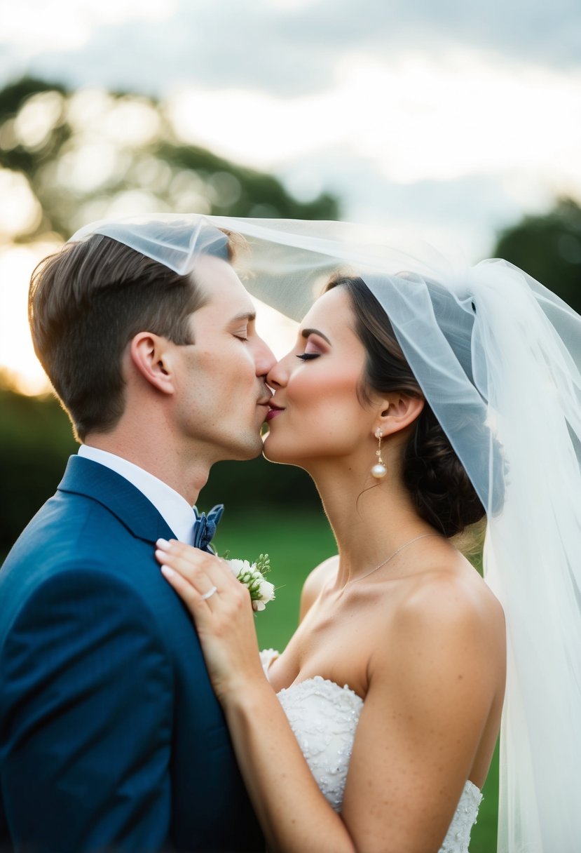 A couple kisses under a sheer veil, with playful and flirty body language