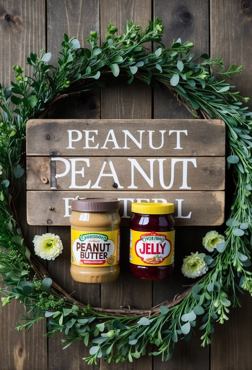 A rustic wooden sign with a jar of peanut butter and a jar of jelly, surrounded by a wreath of greenery and flowers