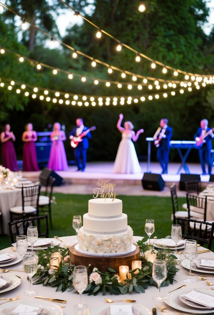 A festive garden party with twinkling lights, a live band, and a dance floor surrounded by tables adorned with elegant centerpieces and a stunning anniversary cake